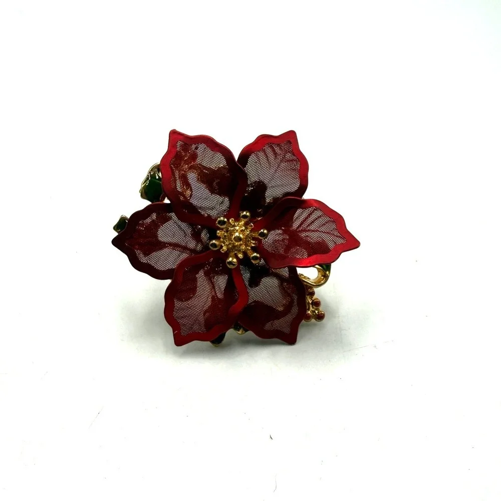 Vintage Red Poinsettia Mesh Flower Brooch Gold Tone Holiday Pin